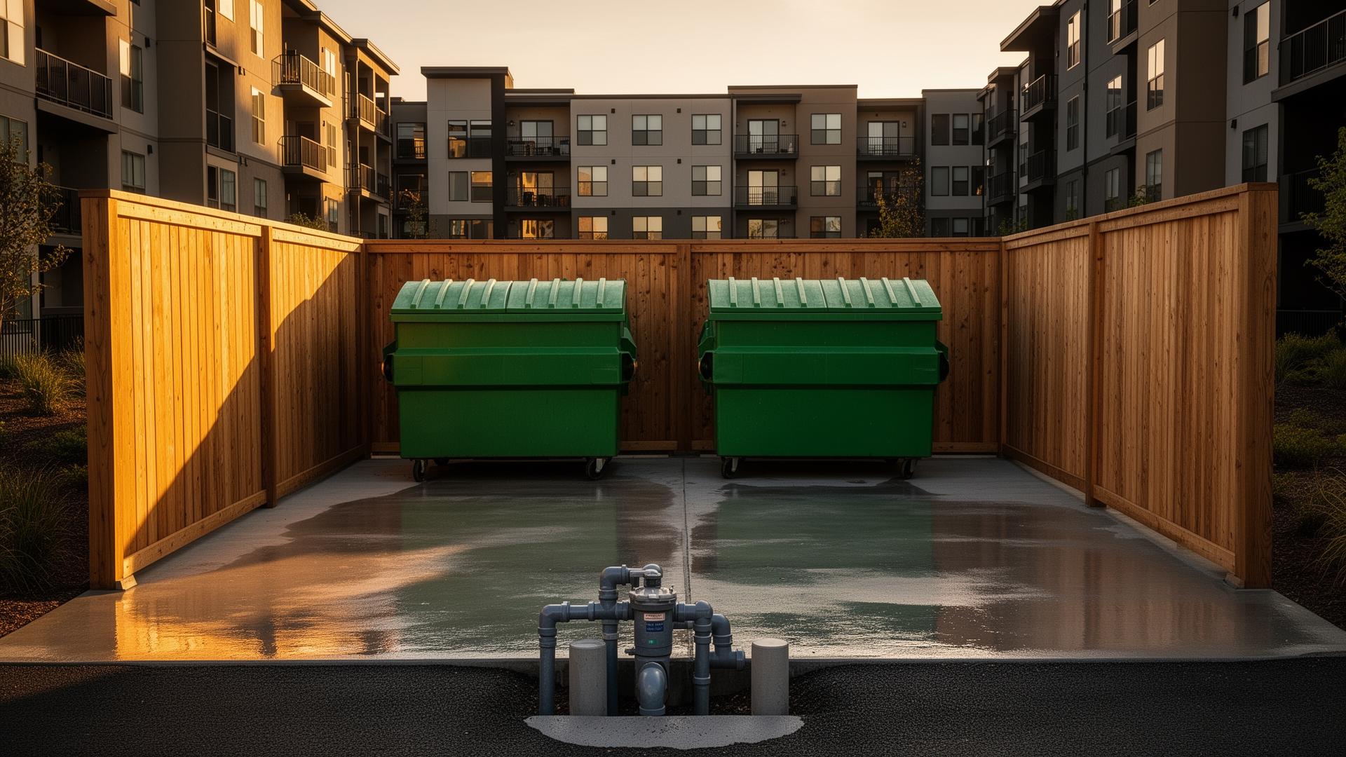 Freshly pressure-washed apartment dumpster pad enclosure